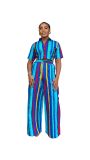 Women’s Summer Casual Wear Striped Print Short-Sleeve Two-Piece Pants Set