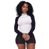 Women’s Activewear Contrast Color Sportswear Long-Sleeve Top Shorts Two Piece Set