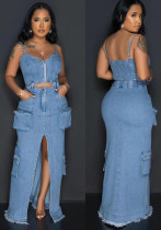 Women’s Fashion Zipper Strap Top Cargo Denim Skirt Set