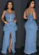 Women’s Fashion Zipper Strap Top Cargo Denim Skirt Set