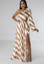 Women’s Sexy Summer Slash Shoulder Striped High-Slit Maxi Dress