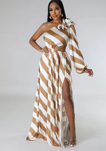 Women’s Sexy Summer Slash Shoulder Striped High-Slit Maxi Dress