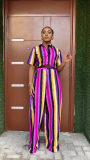 Women’s Summer Casual Wear Striped Print Short-Sleeve Two-Piece Pants Set
