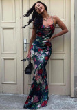 Women’s Summer Fashion Chic Floral Strap Low Back Lace-Up Slim Long Dress
