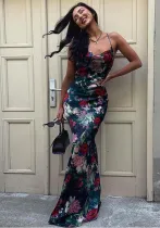 Women’s Summer Fashion Chic Floral Strap Low Back Lace-Up Slim Long Dress