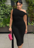Women’s Summer Fashion Plus-Size Solid One-Shoulder Tie Top Shorts Set