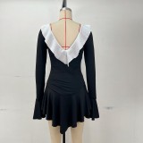 Women’s Fashion Color Block Ruffled V-neck Bell Sleeves Casual Dress