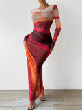 Women’s Sexy Round Neck Mesh Print Ruched Slit Dress