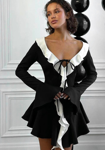 Women’s Fashion Color Block Ruffled V-neck Bell Sleeves Casual Dress