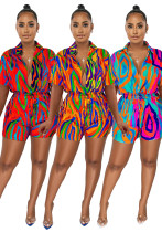 Women's Summer Short Sleeve Printed Short Casual Jumpsuit