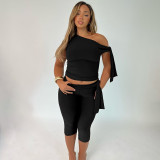 Women’s Summer Fashion Plus-Size Solid One-Shoulder Tie Top Shorts Set