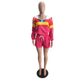 Women’s Casual Spring Color Block Patchwork Two-Piece Hooded Shorts Set