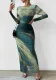 Women’s Sexy Round Neck Mesh Print Ruched Slit Dress