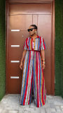 Women’s Summer Casual Wear Striped Print Short-Sleeve Two-Piece Pants Set