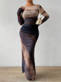 Women’s Sexy Round Neck Mesh Print Ruched Slit Dress