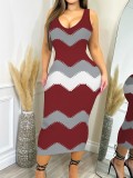 Women’s Fashion Printed V-Neck Sleeveless Slim Long Dress