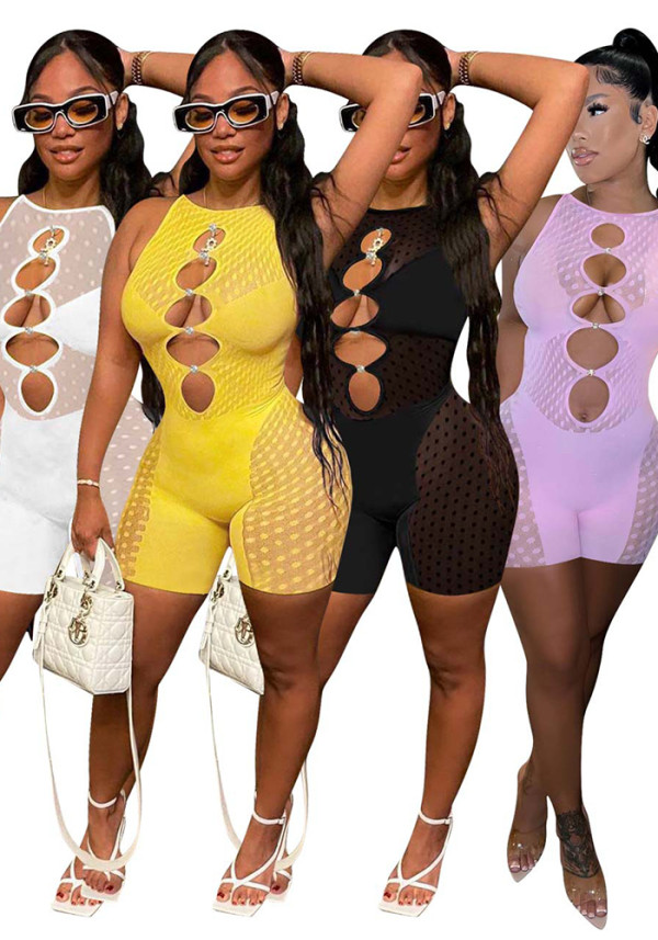 Women’s Spring Summer Mesh Patchwork Sleeveless Short Jumpsuit
