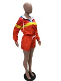Women’s Casual Spring Color Block Patchwork Two-Piece Hooded Shorts Set