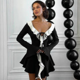 Women’s Fashion Color Block Ruffled V-neck Bell Sleeves Casual Dress