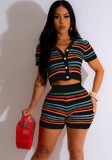 Summer Women's Sexy Knitting Contrast Color Short-Sleeved Casual Suit Two-Piece Shorts Set