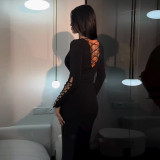 Women’s Sexy Black Lace-Up Hollow Long-Sleeve Long Dress