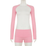 Women’s Activewear Contrast Color Sportswear Long-Sleeve Top Shorts Two Piece Set