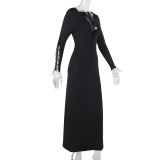 Women’s Sexy Black Lace-Up Hollow Long-Sleeve Long Dress