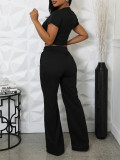 Spring Summer Women’s Fashion Elegant Round Neck Short Top Pants Casual Set