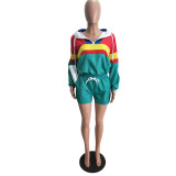 Women’s Casual Spring Color Block Patchwork Two-Piece Hooded Shorts Set
