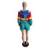 Women’s Casual Spring Color Block Patchwork Two-Piece Hooded Shorts Set