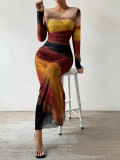 Women’s Sexy Round Neck Mesh Print Ruched Slit Dress