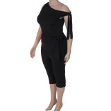 Women’s Summer Fashion Plus-Size Solid One-Shoulder Tie Top Shorts Set