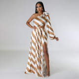 Women’s Sexy Summer Slash Shoulder Striped High-Slit Maxi Dress