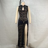 Women’s Sexy Summer Hollow Lace High-Slit Maxi Dress