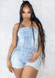 Women’s Spring Summer Fashion Strapless Elastic Cross Denim Jumpsuit