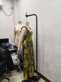 Women’s Fashionable Elegant Ruffled Strap Backless Pleated Print Dress