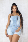 Women’s Spring Summer Fashion Strapless Elastic Cross Denim Jumpsuit