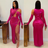 Women irregular hollow metal button sexy slit dress