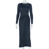 Women Elegant Pleated Irregular Solid Long Sleeve Slash Shoulder Maxi Dress