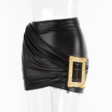 Women sexy irregular gold button pu leather skirt