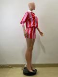 Spring Women Casual Striped Turndown Collar Top Shorts Two-Piece Set