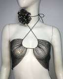 Women spring summer fishnet rhinestone strechy sexy slit mini dress