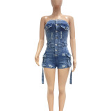 Women feminine Strapless Stretch pocket Denim Jumpsuit