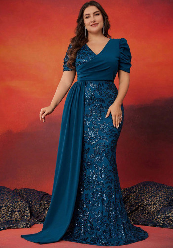 Plus Size Women Elegant Sequin Patchwork V Neck Short Sleeve Evening Dress