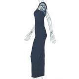 Women Elegant Solid Metal Pleated Bodycon Halter Asymmetric Neck Maxi Dress