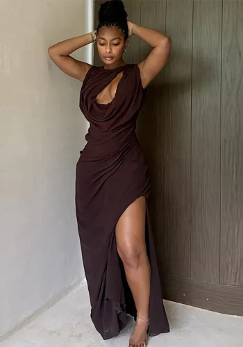 Women Style Pleated Hollow Solid Round Neck Slit Maxi Dress