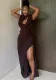 Women Style Pleated Hollow Solid Round Neck Slit Maxi Dress