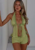 Women knitting hollow lace-up top and skirt sexy bikini beach cover-up two-piece set
