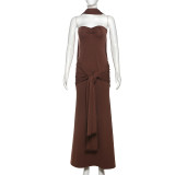 Spring Women Style Scarf Knot Lace-Up Strapless Dress Two-Piece Set