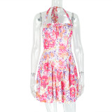 Women Printed Painted Sexy Backless Halter Neck Off Shoulder Dress